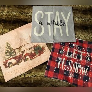 Lot of 3 Toss Pillow Covers Festive Winter Family Home NEW Snow Red Truck Stay!